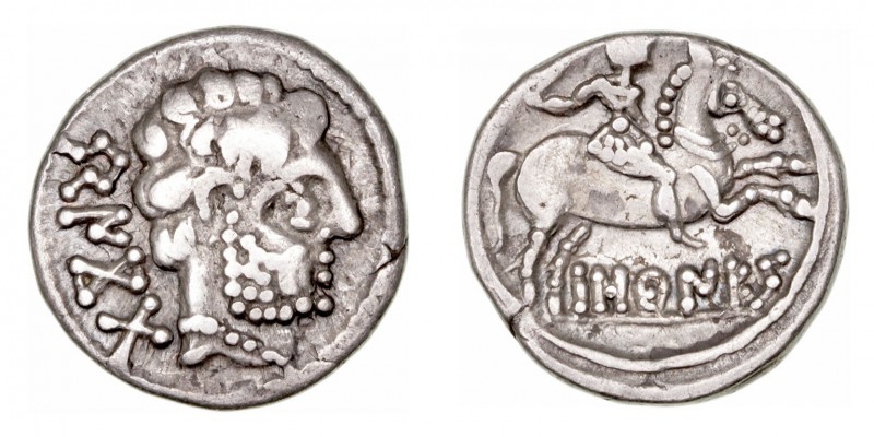 Monedas de la Hispania Antigua
Bascunes, Pamplona 
Denario. AR. A/Cabeza barba...