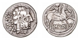 Monedas de la Hispania Antigua
Bascunes, Pamplona 
Denario. AR. A/Cabeza barbada a der., detrás BeNCoDa. R/Jinete con espada a der., debajo BaSCuNES...