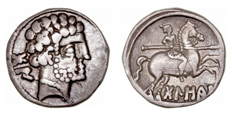 Monedas de la Hispania Antigua
Bolscan, Huesca 
Denario. AR. A/Cabeza barbada ...