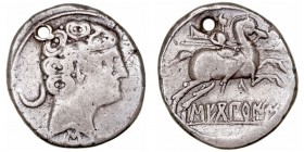 Monedas de la Hispania Antigua
Secobirices, Saelices (Cuenca) 
Denario. AR. A/Cabeza masculina a der., detrás creciente y debajo letra ibérica S. R/...