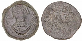 Monedas de la Hispania Antigua
Ulia, Montemayor (Córdoba) 
As. AE. A/Cabeza femenil a der., delante espiga y debajo creciente. R/Ley. VLIA dentro de...