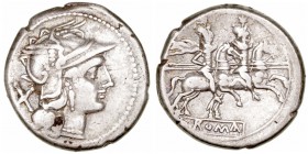 República Romana
Anónimo
Denario. AR. (200-190 a.C.). A/Cabeza de Roma a der., detrás X. R/Los Dioscuros a caballo a der., encima estrellas y en exe...