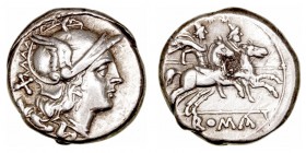 República Romana
Anónimo
Denario. AR. (200-190 a.C.). A/Cabeza de Roma a der., detrás X. R/Los Dioscuros a caballo a der., en exergo ROMA. 4.38g. FF...