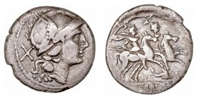 República Romana
Anónimo
Denario. AR. Roma. (209-208 a.C.). A/Cabeza de Roma a der., detrás X. R/Los Dioscuros a caballo a der., encima estrellas, d...