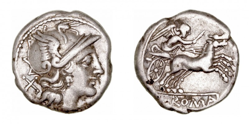 República Romana
Anónimo
Denario. AR. Roma. (157-156 a.C.). A/Cabeza de Roma a...