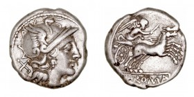 República Romana
Anónimo
Denario. AR. Roma. (157-156 a.C.). A/Cabeza de Roma a der., detrás X. R/Victoria en biga a der. con látigo, en exergo ROMA....