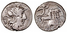República Romana
Aburia
Denario. AR. Roma. (132 a.C.). A/Cabeza de Roma a der., delante (X), detrás GEM. R/Sol con látigo en biga a der., debajo M· ...
