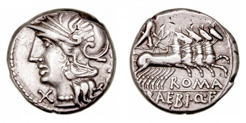 República Romana
Baebia
Denario. AR. Roma. (139 a.C.). A/ Cabeza de Roma a izq...