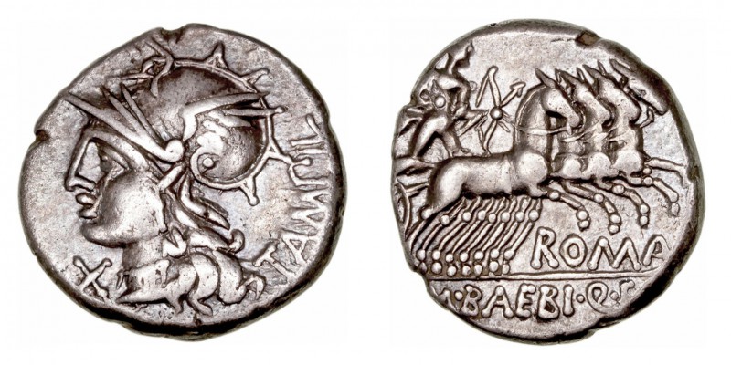 República Romana
Baebia
Denario. AR. Roma. (137 a.C.). A/Cabeza de Roma a izq....