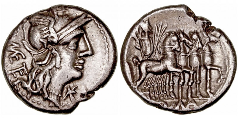 República Romana
Caecilia
Denario. AR. Roma. (130 a.C.). A/Cabeza de Roma a de...