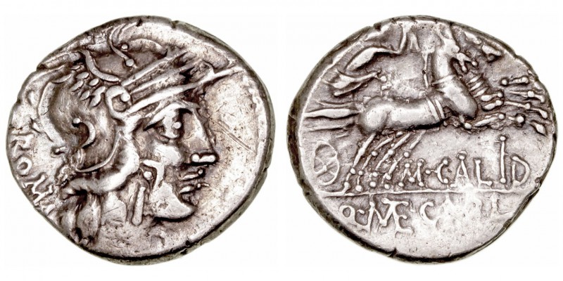 República Romana
Calidia
Denario. AR. (117-116 a.C.). A/Cabeza de Roma a der.,...