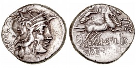 República Romana
Calidia
Denario. AR. (117-116 a.C.). A/Cabeza de Roma a der., delante (X) y detrás ROMA. R/Victoria con látigo a der., debajo M · C...