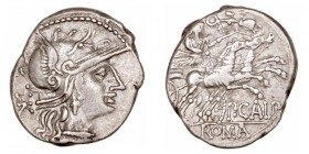 República Romana
Calpurnia
Denario. AR. (133 a.C.). A/Cabeza de Roma a der., detrás X. R/Mujer con látigo sobre biga a der., es coronada por una Vic...