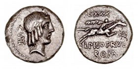 República Romana
Calpurnia
Denario. AR. (90-89 a.C.). A/Cabeza laureada de Apolo a der., detrás C VIII. R/Jinete con palma a der., encima CXXX, deba...