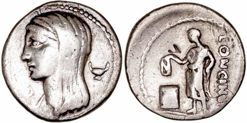 República Romana
Cassia
Denario. AR. Roma. (55 a.C.). A/Busto velado de Vesta ...