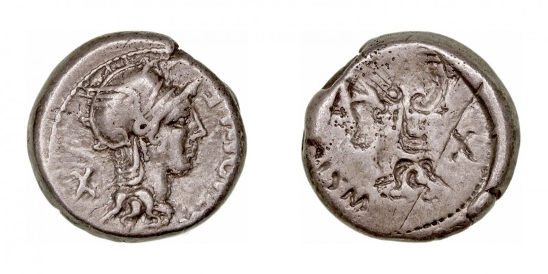 República Romana
Cipia
Denario. AR. (115-114 a.C.). A/Cabeza de Roma a der., d...