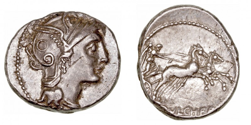 República Romana
Claudia
Denario. AR. Roma. (110-109 a.C.). A/Cabeza de Roma a...