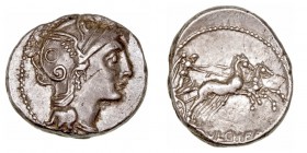 República Romana
Claudia
Denario. AR. Roma. (110-109 a.C.). A/Cabeza de Roma a der. R/Victoria en biga a der., en exergo (C· PVLCHER). 3.94g. FFC.56...
