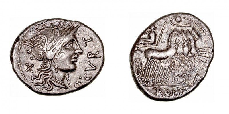 República Romana
Curtia
Denario. AR. (116-115 a.C.). A/Cabeza de Roma a der., ...