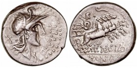 República Romana
Curtia
Denario. AR. (116-115 a.C.). A/Cabeza de Roma a der., detrás X y delante Q· CVRT. R/Júpiter con cetro y haz de rayos en cuad...