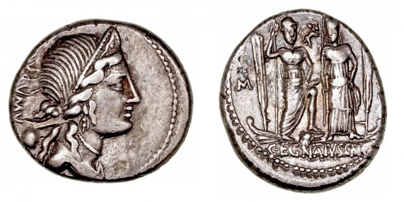 República Romana
Egnatia
Denario. AR. Roma. (75 a.C.). A/Busto diademado de la...