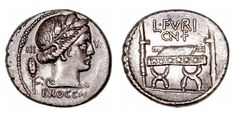 República Romana
Furia
Denario. AR. Roma. (63 a.C.). A/Cabeza de Ceres coronad...