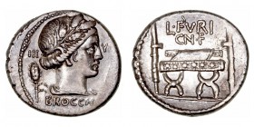 República Romana
Furia
Denario. AR. Roma. (63 a.C.). A/Cabeza de Ceres coronada de espigas a der., delante grano de cebada, detrás una espiga, en el...