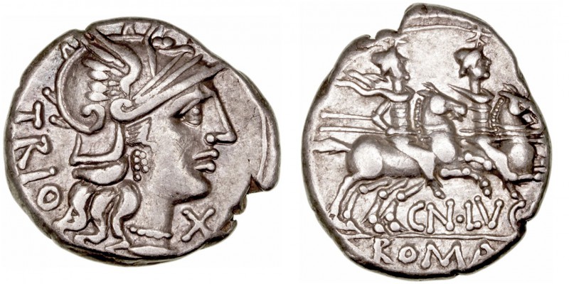 República Romana
Lucretia
Denario. AR. Roma. (136 a.C.). A/Cabeza de Roma a de...