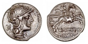 República Romana
Marcia
Denario. AR. Roma. (129 a.C.). A/Cabeza de Roma a der., detrás X. R/Jinete con lanza a der., detrás yelmo macedonio, debajo ...