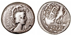 República Romana
Plaetoria
Denario. AR. Roma. (67 a.C.). A/Cabeza con casco de la diosa Vacuna a der., delante cuerno de la abundancia, detrás arco ...