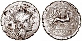 República Romana
Pomponia
Denario. AR. (118 a.C.). A/Cabeza de Roma a der., detrás X y alrededor L· POMPONI CNF. R/Guerrero con escudo y carnyx en b...