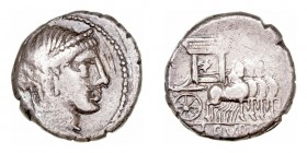 República Romana
Rubria
Denario. AR. Roma. (87 a.C.). A/Cabeza de Juno velada a der., detrás (DOS). R/Carro triunfal a der., en exergo L. RVBR. 3.52...