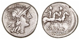 República Romana
Scribonia
Denario. AR. Roma. (154 a.C.). A/Cabeza de Roma a der., detrás X. R/Los Dioscuros a caballo a der., debajo C· S CR y en e...