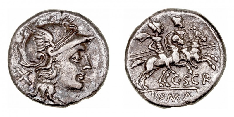 República Romana
Scribonia
Denario. AR. Roma. (154 a.C.). A/Cabeza de Roma a d...