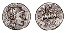 República Romana
Scribonia
Denario. AR. Roma. (154 a.C.). A/Cabeza de Roma a der., detrás X. R/Los Dioscuros a caballo a der., debajo C·S CR y en ex...