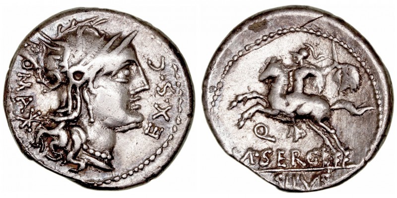 República Romana
Sergia
Denario. AR. (116-115 a.C.). A/Cabeza de Roma a der., ...