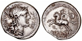 República Romana
Sergia
Denario. AR. (116-115 a.C.). A/Cabeza de Roma a der., detrás ROMA X y delante EX· S·C. R/Jinete con espada a izq., en el cam...