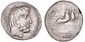 República Romana
Tituria
Denario. AR. Roma. (89 a.C.). A/Cabeza del rey Tatius a der., detrás SABIN. R/Victoria con corona en biga a der., debajo (L...