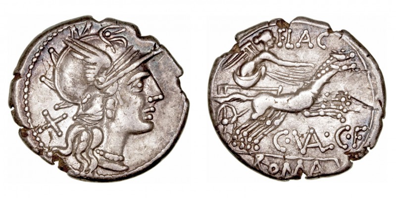 República Romana
Valeria
Denario. AR. Roma. (140 a.C.). A/Cabeza de Roma a der...
