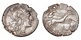 República Romana
Valeria
Denario. AR. Roma. (140 a.C.). A/Cabeza de Roma a der., detrás X. R/Victoria con látigo en biga a derecha, encima FLAC. y d...