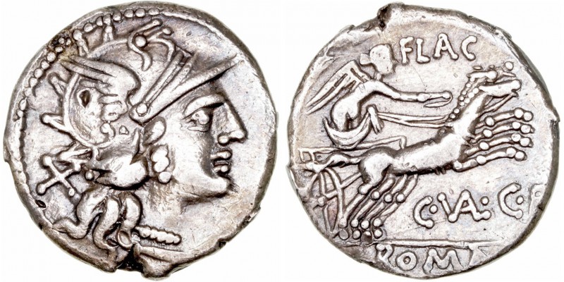 República Romana
Valeria
Denario. AR. Roma. (140 a.C.). A/Cabeza de Roma a der...