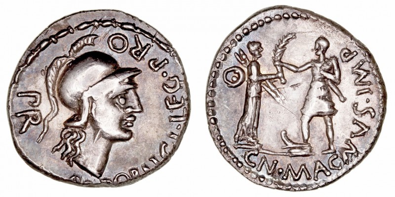 Monedas Pre-Imperiales
Pompeyo Magno
Denario. AR. Hispania. (46-45 a.C.). A/Ca...