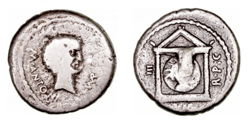 Monedas Pre-Imperiales
Marco Antonio
Denario. AR. (42 a.C.). A/Cabeza descubie...