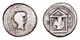 Monedas Pre-Imperiales
Marco Antonio
Denario. AR. (42 a.C.). A/Cabeza descubierta de M. Antonio a der., alrededor IMP. M· ANTONI. R/Cabeza radiada d...