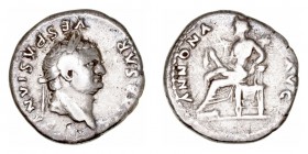 Imperio Romano
Vespasiano
Denario. AR. (69-79). R/ANNONA AVG. Annona sedente a la izq. acodada en el respaldo. 3.16g. RIC.131. MBC-.