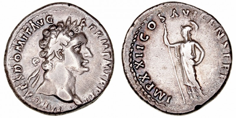 Imperio Romano
Domiciano
Denario. AR. (81-96). R/IMP. XXII COS. XVII CENS. P.P...