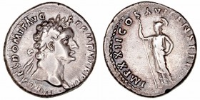 Imperio Romano
Domiciano
Denario. AR. (81-96). R/IMP. XXII COS. XVII CENS. P.P.P. Minerva estante a la izq. 3.11g. RIC.180. Suave pátina. MBC+/MBC.