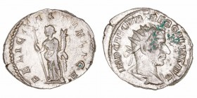 Imperio Romano
Treboniano Galo
Antoniniano. VE. (251-253). R/FELICITAS PVBLICA. Felicidad a izq. con caduceo y cornucopia. 3.78g. RIC.33. Puntos de ...