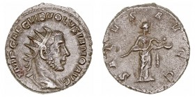 Imperio Romano
Volusiano
Antoniniano. AR. (251-253). R/SALVS AVGG. 3.98g. RIC.184. Suave pátina. Muy escasa. MBC.