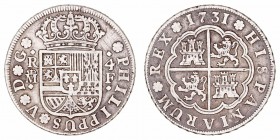 Monarquía Española
Felipe V
4 Reales. AR. Madrid F. 1731. 13.12g. Cal.1000. Suave pátina. Rara. MBC.